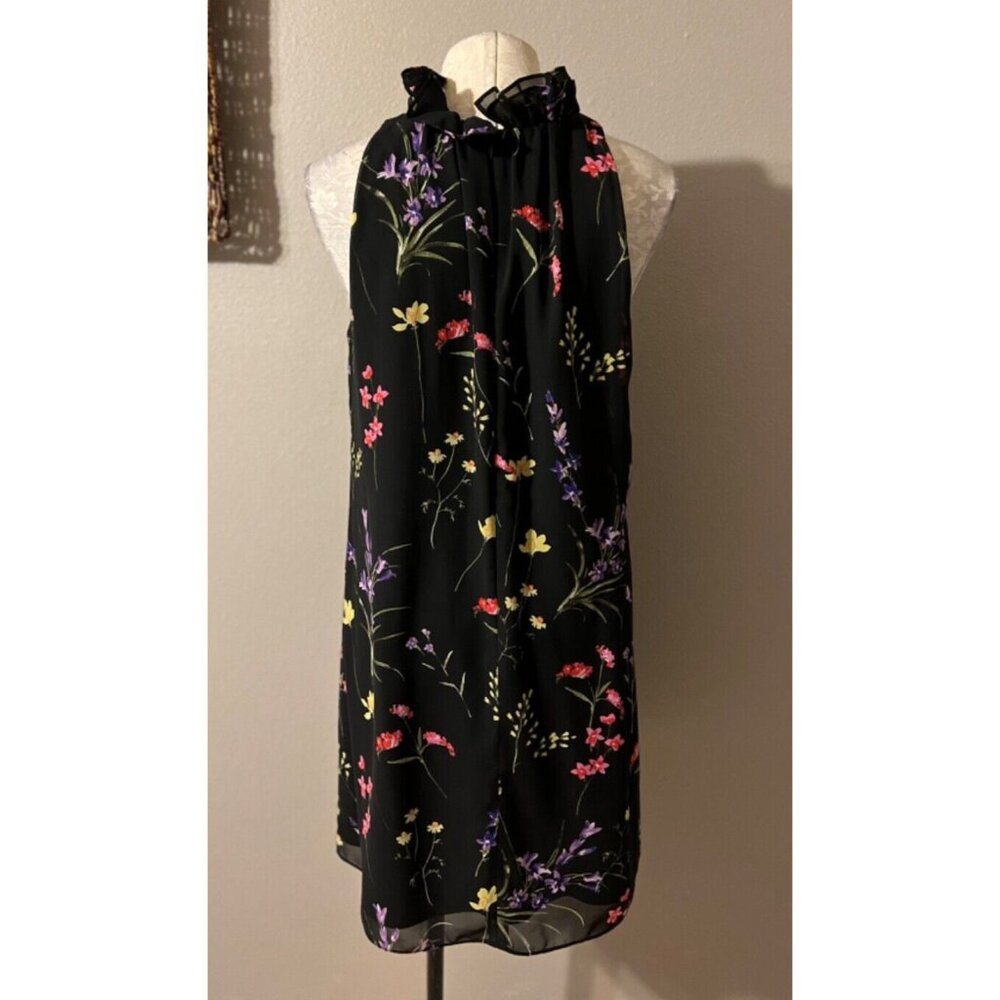 Tahari Dress 10 Black Multi Floral Ruffle Neck Shift Flowy Sleeveless Summer - Picture 4 of 8